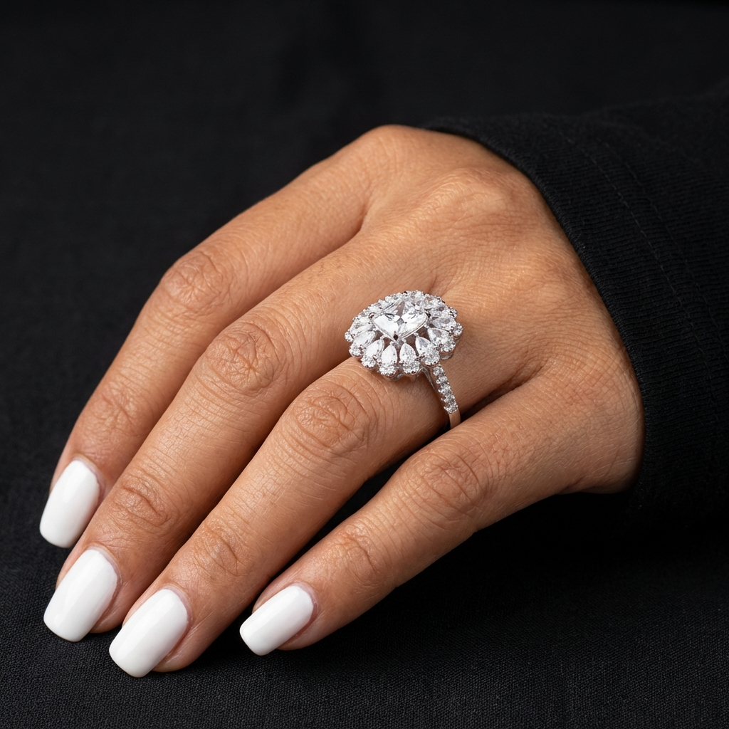 Regalisse 3-carat moissanite floral halo ring in sterling silver by MerchLuxx  on a hand with white nail polish against a black background