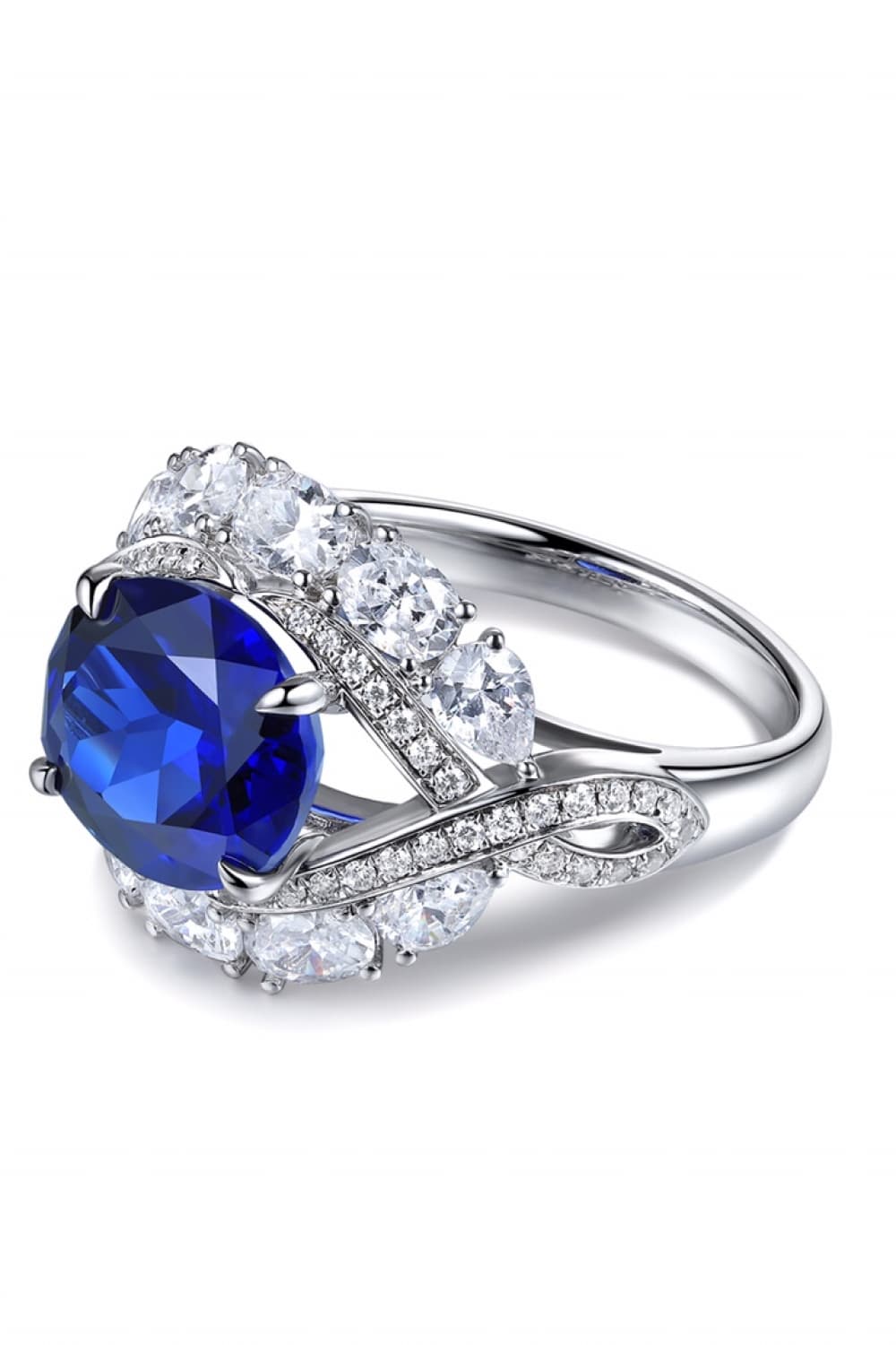 Sapphira 5-carat lab-grown blue sapphire ring in platinum-plated sterling silver by MerchLuxx