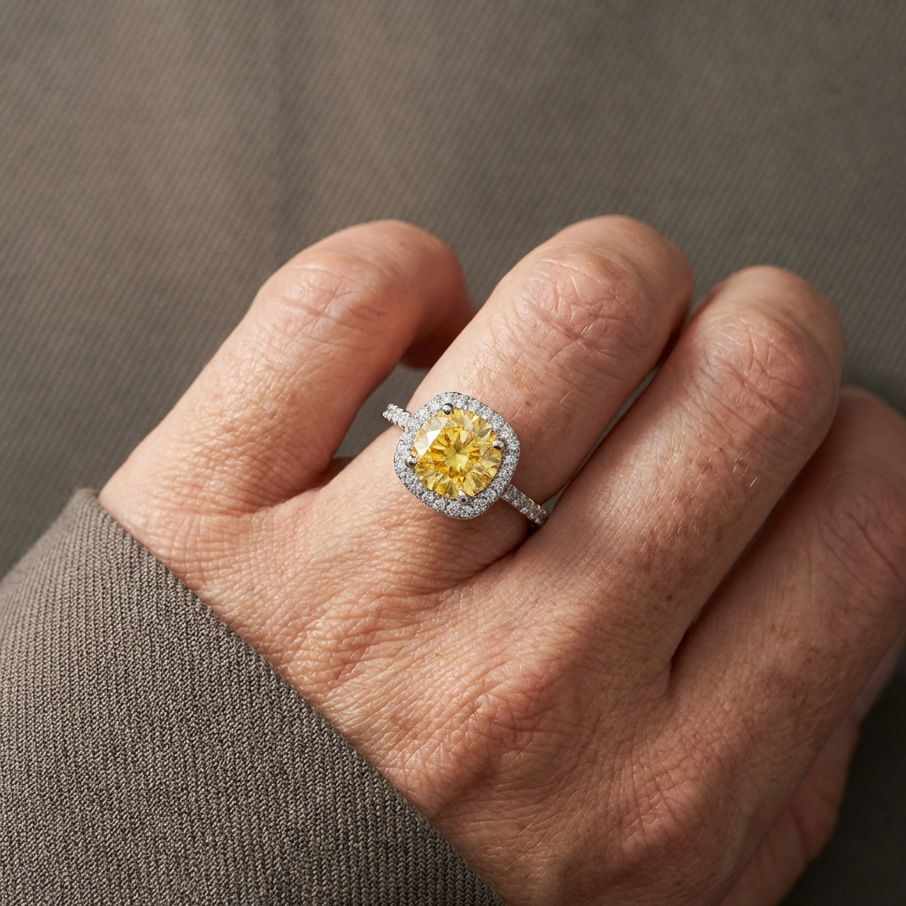 Hand wearing Adorea 1-carat moissanite halo ring in sterling silver by MerchLuxx with a central gold moissanite surrounded by smaller clear stones on a neutral background