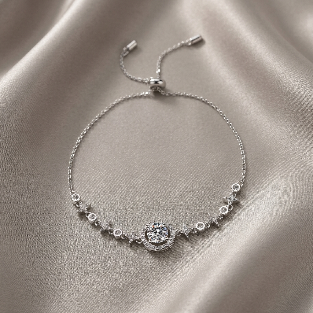 1 carat moissanite bracelet in sterling silver worn on wrist with minimalist design