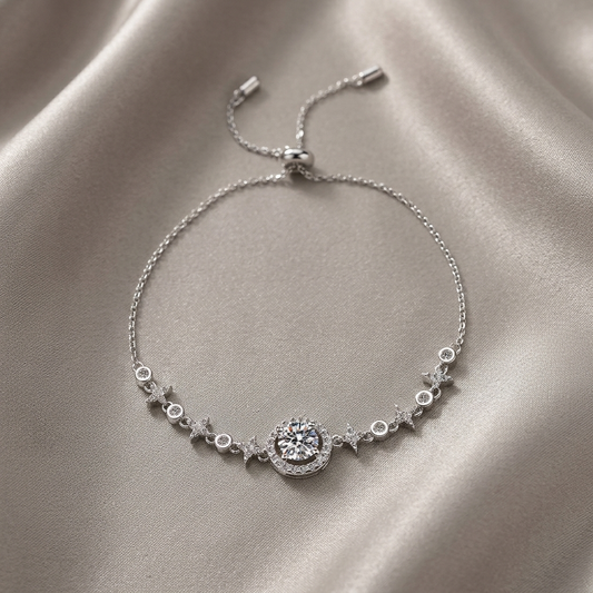 1 carat moissanite bracelet in sterling silver worn on wrist with minimalist design