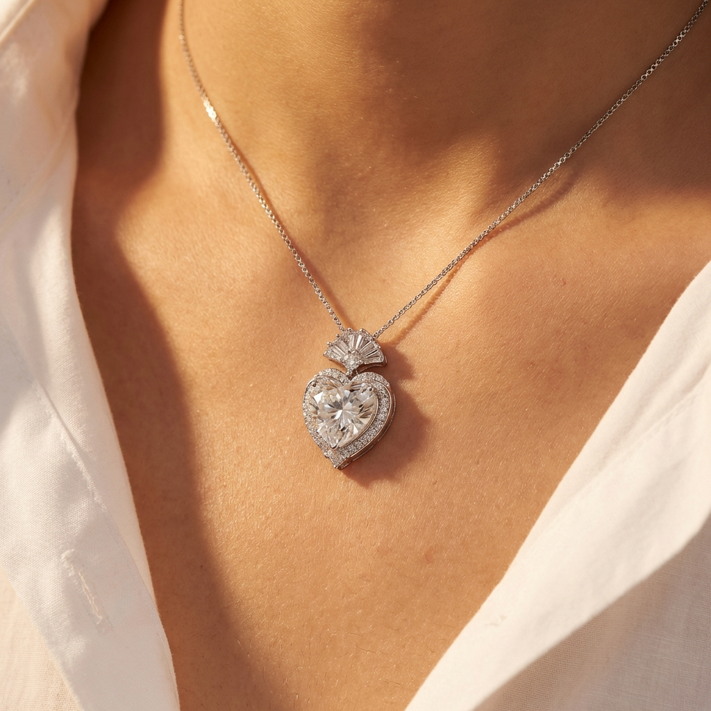 3 Carat Moissanite Heart Pendant Necklace – Sterling Silver on a person wearing a white blouse. - MerchLuxx