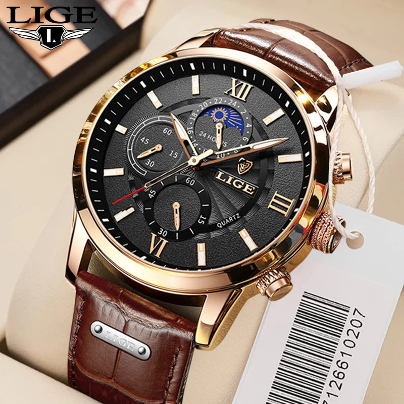 LIGE Leather Men’s Quartz Executive Watch – Timeless Luxury | MerchLuxx - MerchLuxx