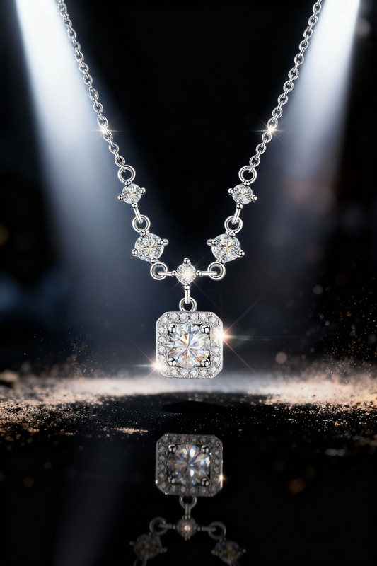 Aureline 2-carat moissanite square pendant necklace in platinum-plated sterling silver by MerchLuxx