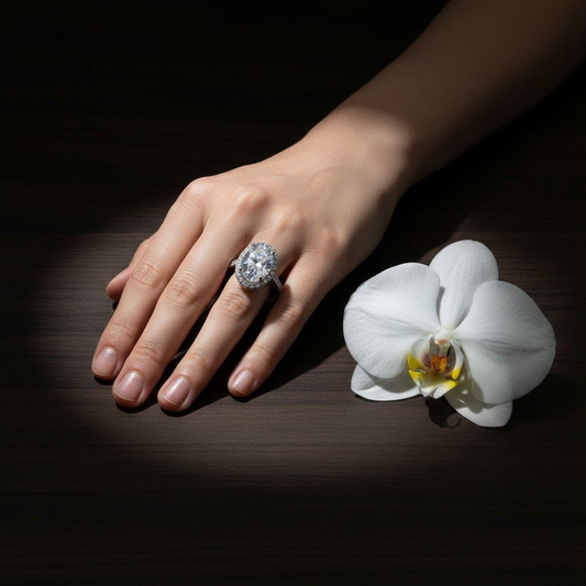 Aurivelle 4.5-carat moissanite halo ring in platinum-plated sterling silver by MerchLuxx