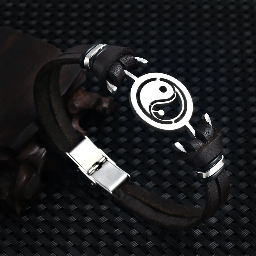 Stainless Steel Tai Chi Yin Yang Fish Leather Bracelet – Bold & Balanced | MerchLuxx - MerchLuxx