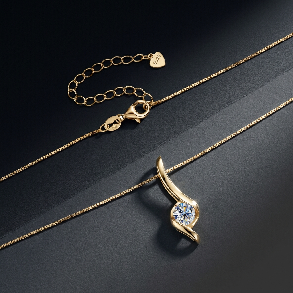 Aurivelle 1 carat moissanite pendant necklace in platinum and 18K gold vermeil worn on chain luxury jewelry MerchLuxx on a dark background