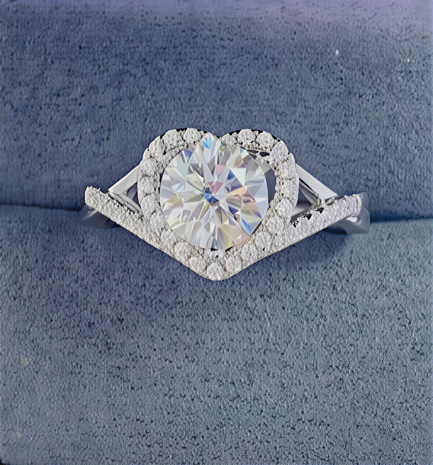 1-carat heart moissanite halo ring in platinum-plated sterling silver available in green, yellow, and white on a textured blue background
